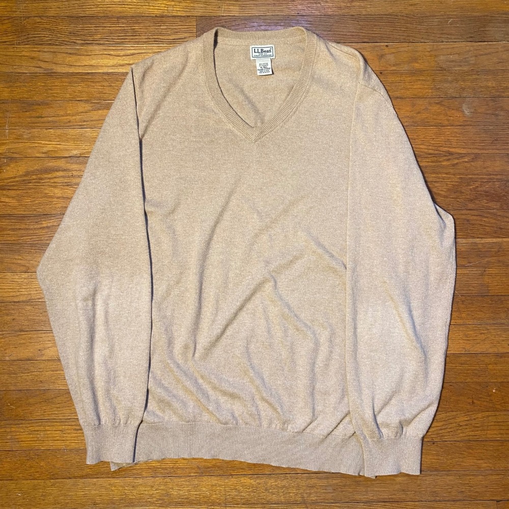 LLBean Mens XL Tall V Neck Sweater Cotton Cashmere Tan Long Sleeve Casual